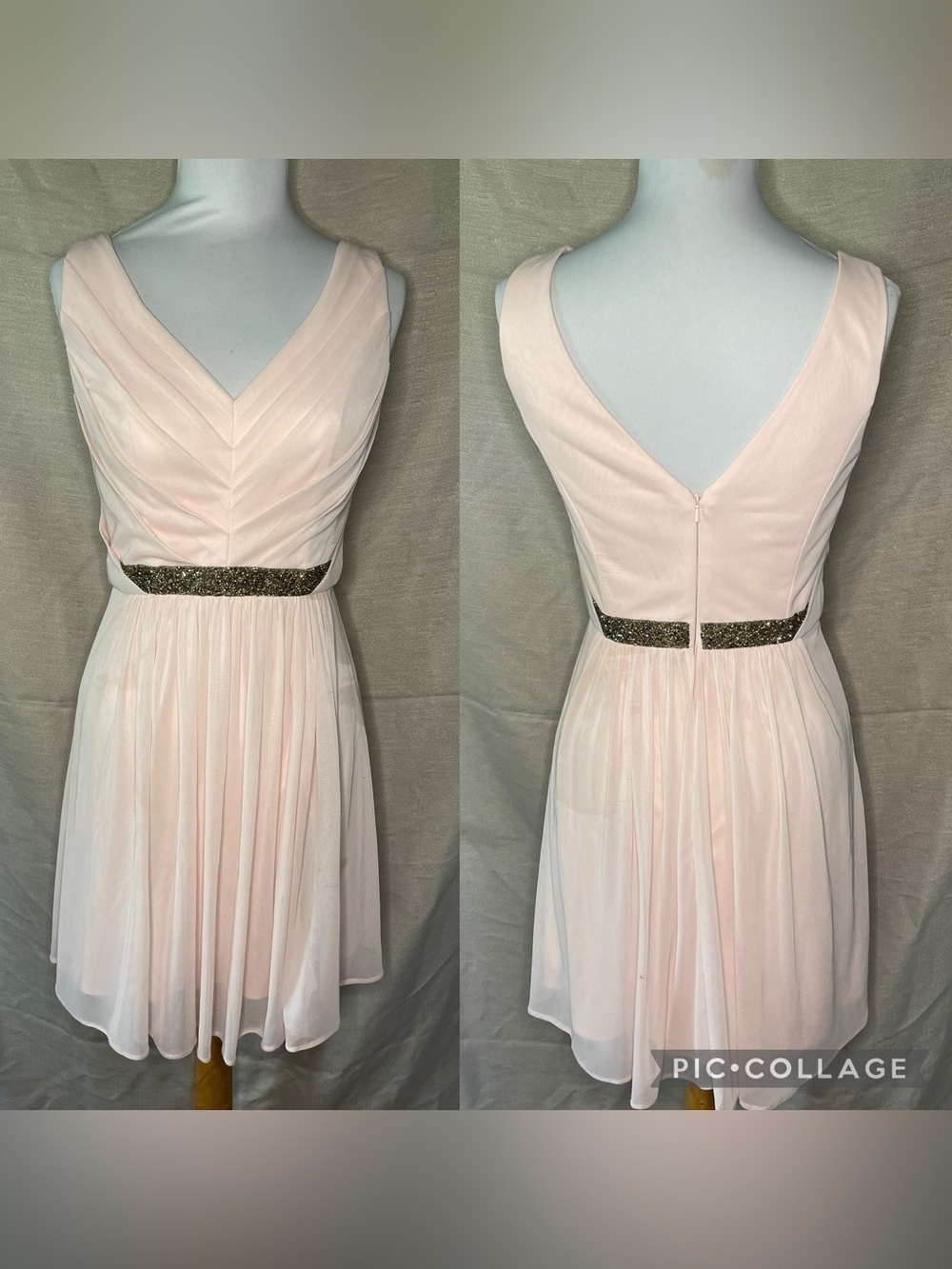 David's Bridal Soft Blush V‑Neck Chiffon Mini Dress with Glitter Waistband